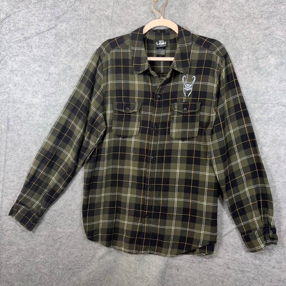 Her Universe x Marvel Loki Flannel Shirt Womens Sz L Green Plaid Graphic Pocket - Picture 2 of 8